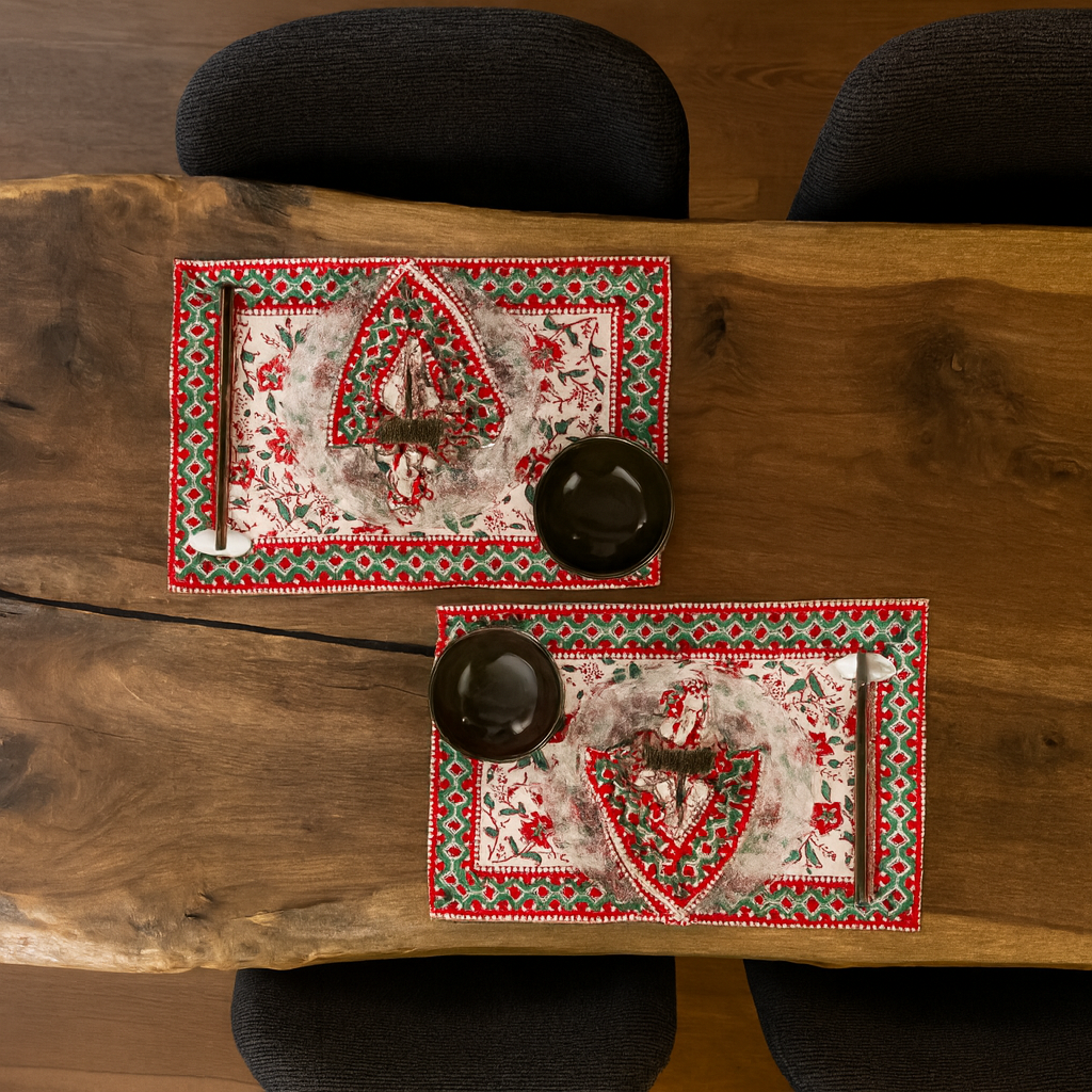 Two decorative placemats with a geometric pattern on a wooden table.